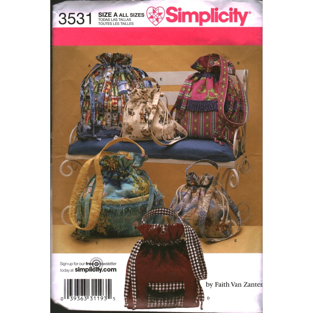 Simplicity 3531 Faith Van Zanter Drawstring Tote Bags Sewing Pattern One Size